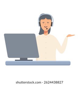 Agente de Servicio al cliente ilustrado con auriculares hablando y gesticulando frente a una computadora
