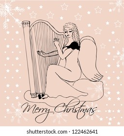 Illustrated cute angel playing the harp - vector illustration