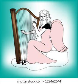 Illustrated cute angel playing the harp - vector illustration