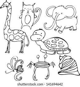illustrated cute animals isolated on white background - vector illustration