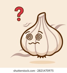An illustrated, cute anthropomorphic garlic bulb looking perplexed with a floating question mark.