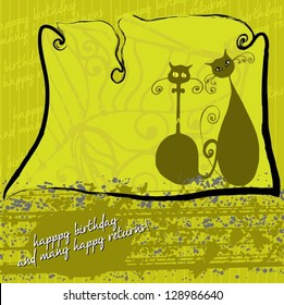 Illustrated cute birthday card background with decorative cats - vector illustration