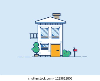 Illustrated Cute Little Home With A Yellow Door And A Red Mailbox. Created In Vector In Illustrator