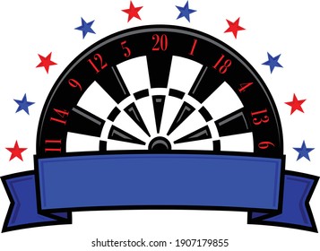 Illustrated dart board logo with red and blue stars, numbers and a blank banner scroll for text overlapping across lower front. Illustrator eps vector graphic design. 