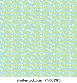 Illustrated decorative seamless pattern made of hand drawn yellow stars and dots on turquoise