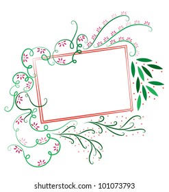 An Illustrated decorative template, with swirl, leaf, and flowers surrounding the rectangular box.
