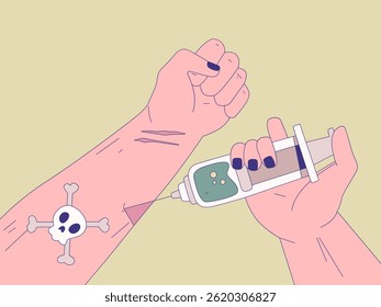 An illustrated depiction of drug addiction, a hand injecting the syringe, with a skull and crossbones marking the danger.