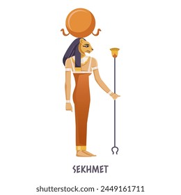 Illustrated depiction of the Egyptian deity Sekhmet with a lioness head and sun disc, holding a staff, on a plain background, in a flat vector style. Vector illustration