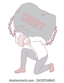 Uma ilustração de um indivíduo pesadamente sobrecarregado por uma dívida esmagadora, mostrando suas lutas financeiras