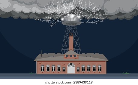 An illustrated depiction of Nikola Tesla's magnifying transmitter experiment