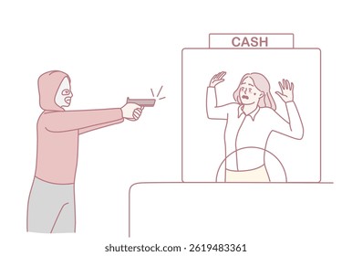 An illustrated depiction that portrays a dramatic scene of a bank robbery involving a robber and a bank teller