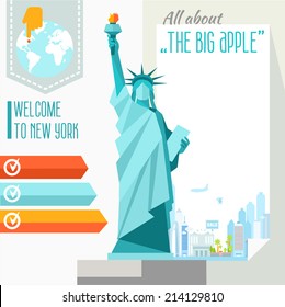 Illustrated design background of NYC and Statue of Liberty. Vector illustration