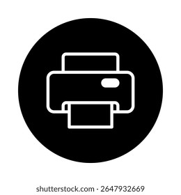 Um design ilustrado de um ícone de impressora em um plano de fundo preto circular oferece simplicidade e clareza