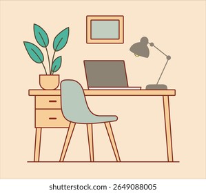 Illustrated desk setup with laptop lamp plant chair and framed picture in a minimalist style