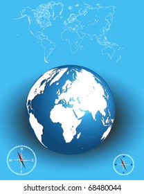 Illustrated detailed world map outlines with compass and globe -vector