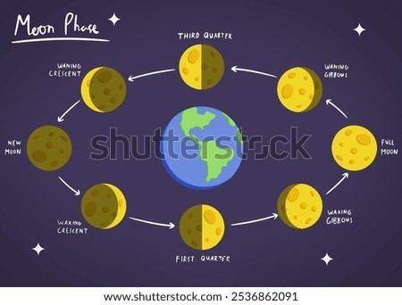 Illustrated diagram of the moon phases around Earth, showing each stage from new moon to full moon, including waxing and waning crescents and gibbous phases. Ideal for educational content on astronomy