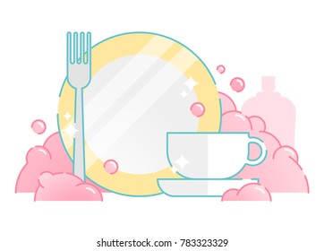 Illustrated Dish Washing Vector Icon with plate, fork, cup and pink foam bubbles.