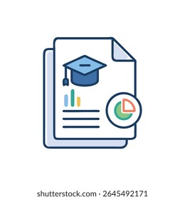 Illustrated document showing a graduation cap with charts and graphs. Flat design on White Background. Represents educational achievements.