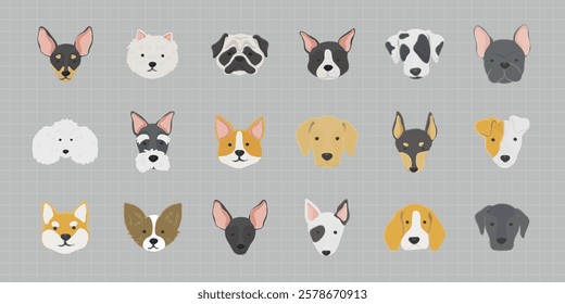 Illustrated dog faces, various breeds, cartoon style. Includes pugs, bulldogs, terriers. Cute dog faces, diverse breeds, cartoon dog illustrations. Animal illustrations, isolated element vector set.