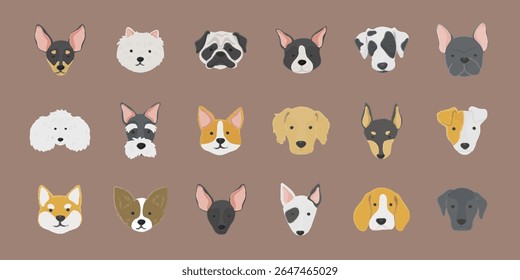 Rostos de cães ilustrados, várias raças, estilo de desenho animado. Rostos de cães incluem pugs, buldogues e terriers. Rostos de cães bonitos em um fundo marrom, diversas raças de cães. Ilustrações de animais, vetores isolados.