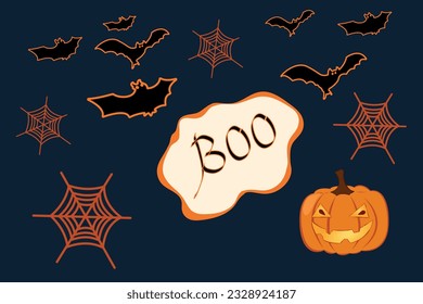 Illustrated doodle with festive Halloween pumpkins, inscription BOO, bats, spider web. Jack orange lantern drawn with carved faces. Seamless pattern for scrapbooks, wrapping paper, fabric. Vector 