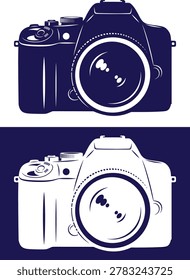 Illustrated DSLR camera featuring a prominent lens, shown in two stylized views for clarity and versatility.