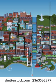 illustrated Dublin and its most important tourist attractions: Christ Church, Dublin Castle, Merrion Square, and Saint Stephen's Green, brewery, Temple Bar, Phoenix park, the chimneys, river Liffey.