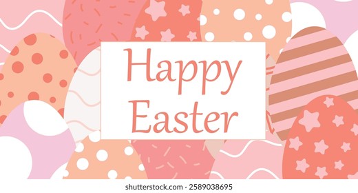 Illustrated Easter Card with Decorative Eggs and a Holiday Greeting. Colorful Easter illustration featuring decorative patterned eggs and a central 'Happy Easter' message. The cheerful pastel design 