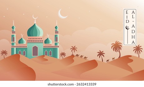 Cena ilustrada do Eid al Adha mostrando uma mesquita no deserto sob uma lua crescente, incorporando espiritualidade e celebrações festivas.