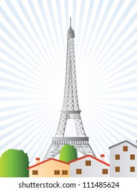 Illustrated eiffel tower in paris with urban view of houses and trees and cool background