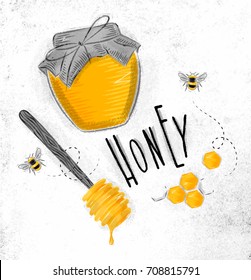 Illustrated elements spoon, honeycombs, bank, bees lettering honey drawing on dirty paper background