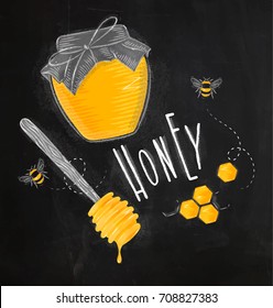 Illustrated elements spoon, honeycombs, bank, bees lettering honey drawing on chalk background