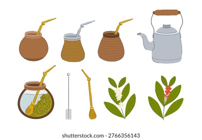 Illustrated elements of yerba mate culture, featuring mate cups, bombillas, a kettle, and yerba mate leaves. Ideal for cultural and educational content.