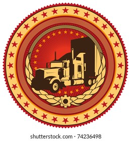 Illustrated emblem with big truck. Vector illustration.