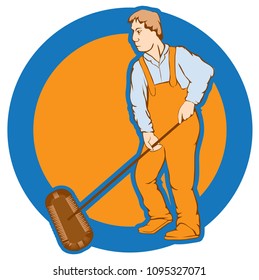 An illustrated emblem featuring a cleaning character