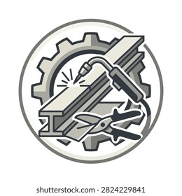 An illustrated emblem featuring a welding torch, a steel I-beam, and metal snips set against a gear background.