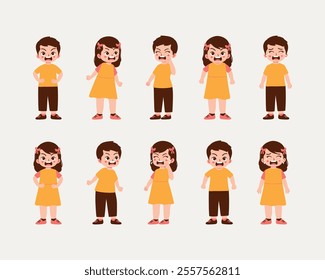 Illustrated emotional expressions of boys and girls in yellow outfits with various facial reactions. A valuable design resource for educational materials, storybooks, emotional learning.