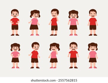 Illustrated emotional expressions of children with various facial expressions and body language. A versatile design useful for educational materials, storybooks, and emotional learning tools.