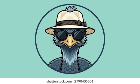 Illustrated emu wearing hat and sunglasses, lively background