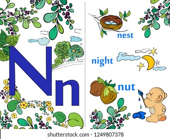 Illustrated English alphabet. ABC. For preschoolers. Training. The cute little animals. Vector illustration.Letter N.  Learning letters. For children and their parents.