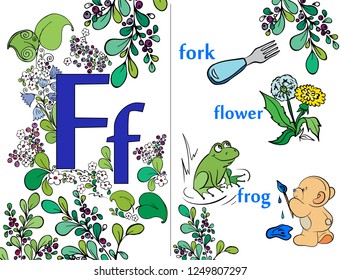  Illustrated English alphabet. Education. Training. ABC. For preschoolers. The cute little animals. Vector illustration. Letter F.  Learning letters. For children and their parents.