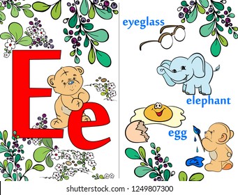Illustrated English alphabet. Training. For preschoolers. The cute little animals. Vector illustration. Letter E. ABC. Learning letters. For children and their parents.