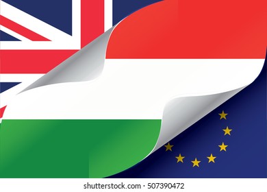 Illustrated EU and UK Flags with the Flag of  Hungary