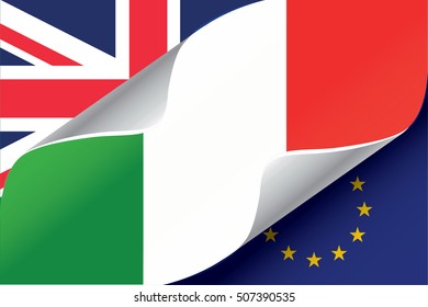 Illustrated EU and UK Flags with the Flag of  Italy