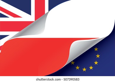 Illustrated EU and UK Flags with the Flag of  Poland