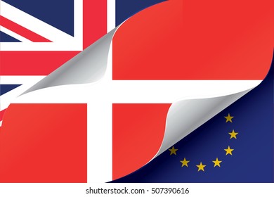 Illustrated EU and UK Flags with the Flag of  Denmark