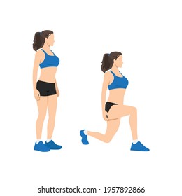 Illustrated exercise guide by healthy woman doing Lunges Workout in 2 steps for firming buttocks and legs.