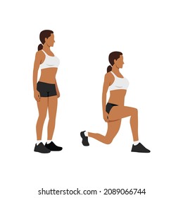 Illustrated exercise guide by healthy woman doing Lunges Workout in 2 steps for firming buttocks and legs.