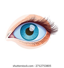 Um olho ilustrado apresenta uma íris azul brilhante com cílios detalhados, sobre um fundo branco. O trabalho artístico tem linhas suaves e sombreamento claro. 