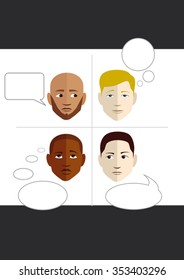 illustrated faces set talking to each other with comics bubbles